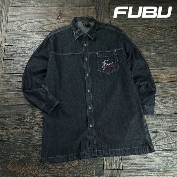 [푸부] 로고 자수 포켓 오버사이즈 올드스쿨 흑청 데님 셔츠 M19925