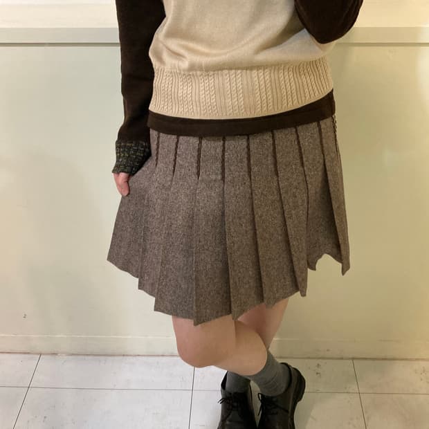 플리츠 레이스 벨벳 디테일 미니 스커트