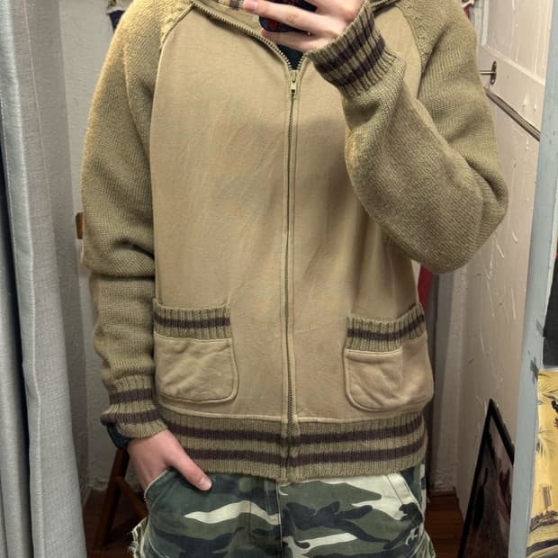 JPN VINTAGE 니트 스웨트 믹스 집업 자켓 브라운