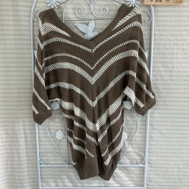 빈티지 초코 브라운 스트라이프 펄 오프숄더 니트 969 y2k 스트릿 갸