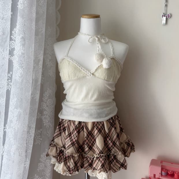 리즈리사 캐미솔 폼폼 슬리브리스 리본 히메갸루 로걀 라떼갸루 빈티지