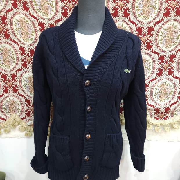 라코스테 네이비 숄카라 울 꽈배기 니트 가디건

