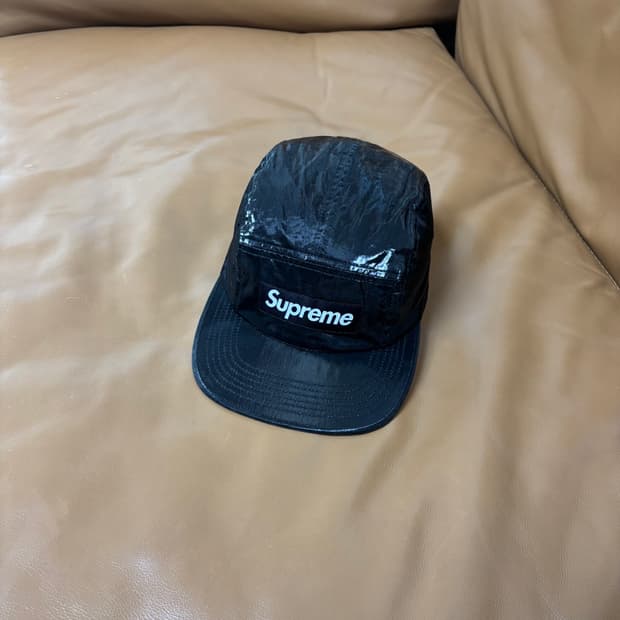 슈프림 캠프캡 모자 박스로고 코티드 리넨 블랙