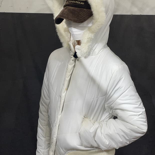 일본빈티지 울프죠 크롭 후드 퍼 푸퍼 패딩 L