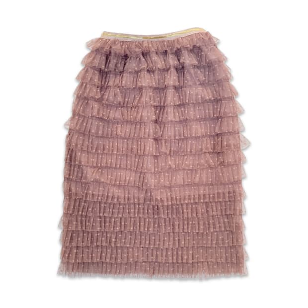 빈티지 핑크 도트 시스루 플리츠 미디 스커트