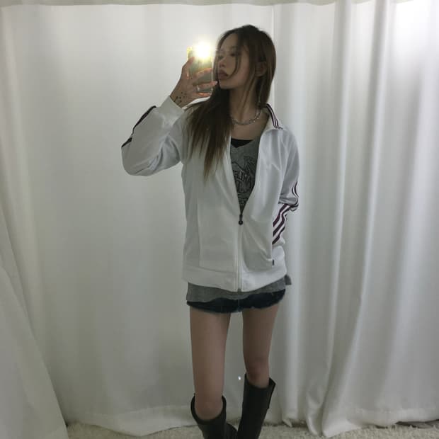 아디다스 아이보리 퍼플라인 레이싱 트랙 집업