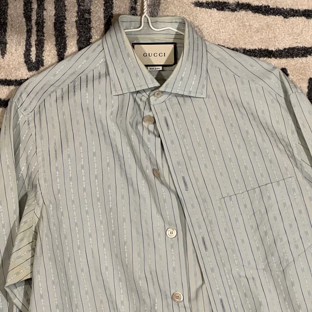 [46/100] 구찌 로고 자수 스트라이프 셔츠 스카이블루