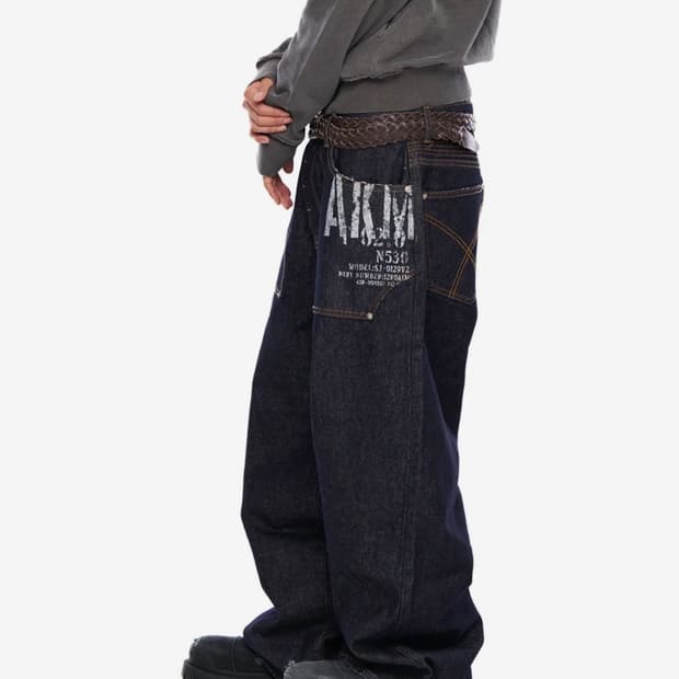 아캄Out Pocket Printed Denim Pants 다크블루