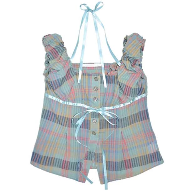 아쿠비클럽 빈티지 체크 리본 블라우스