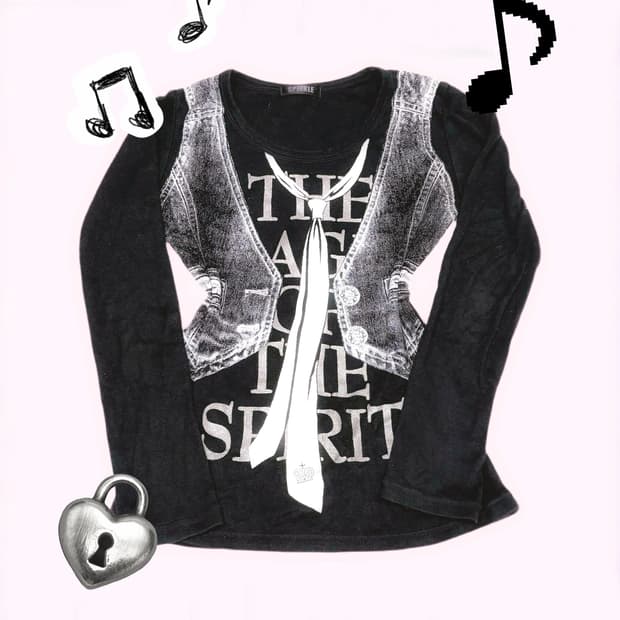 블랙 오네 갸루 큐빅 디테일 베스트 레이어드 롱 슬리브 티 