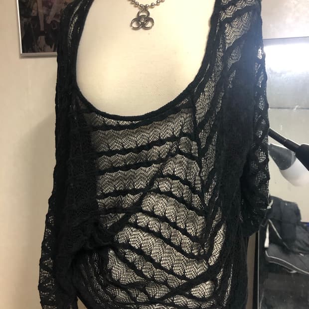 그런지 펑크스타일 레이어드 블랙 레이스 시스루 니트