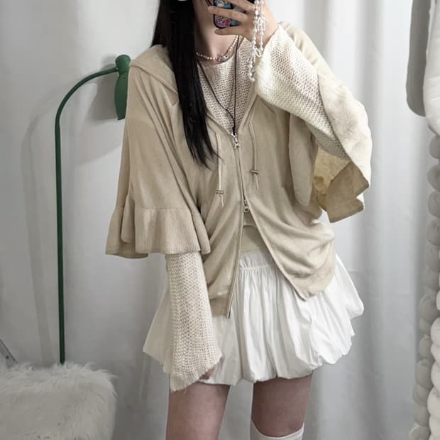 화이트 & 베이지 케이프 니트 숏 세트 🪽