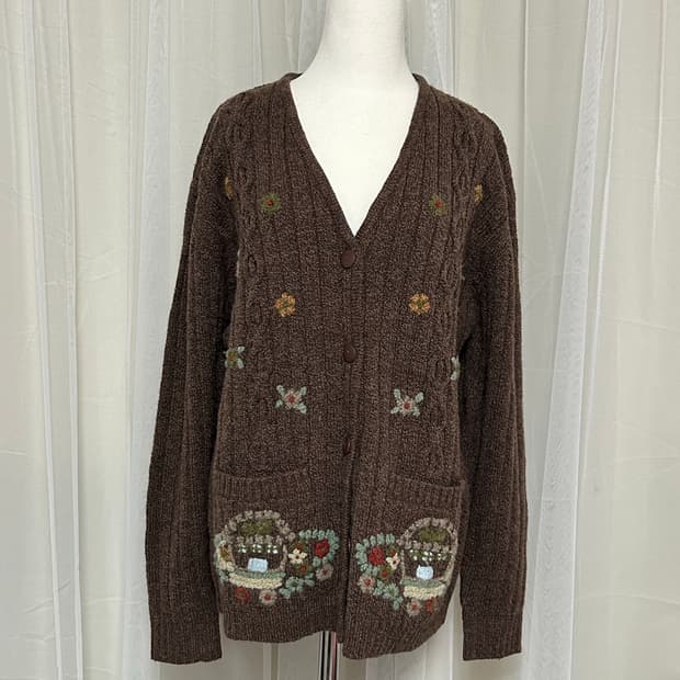 빈티지 초코브라운 꽃자수 가디건 모리걸 히피