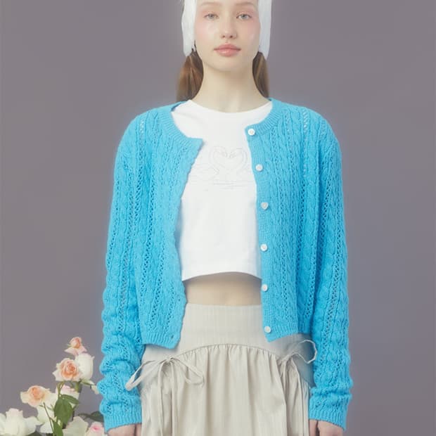마가린핑거스 하트 버튼 케이블 가디건 아쿠아블루