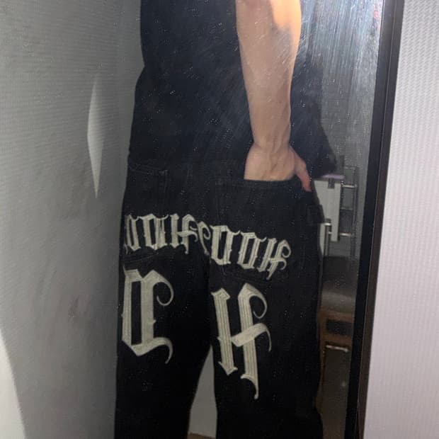 후드후드 자수 데님팬츠 블랙