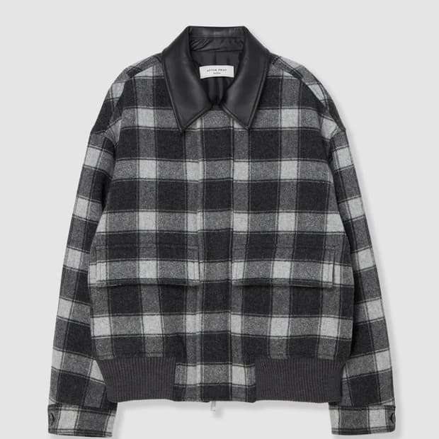 애프터프레이 레더카라 체크 울 블루종