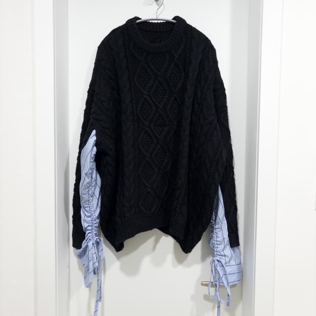 스트라이프 셔츠 레이어드 꽈배기 케이블 니트 *오버핏