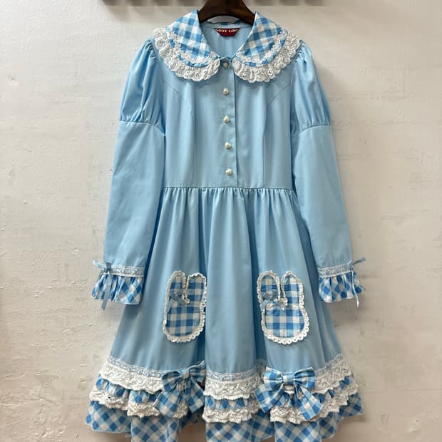 BODY LINE 바디라인 로리타 양산형 체크 레이스 카라 원피스