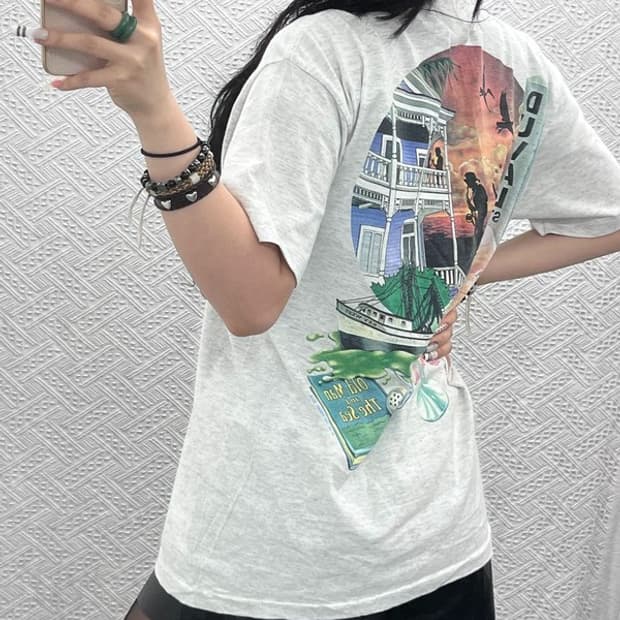 캐리비안소울 USA 스트릿 펑크 키치 빅프린팅 반팔티 L C10918