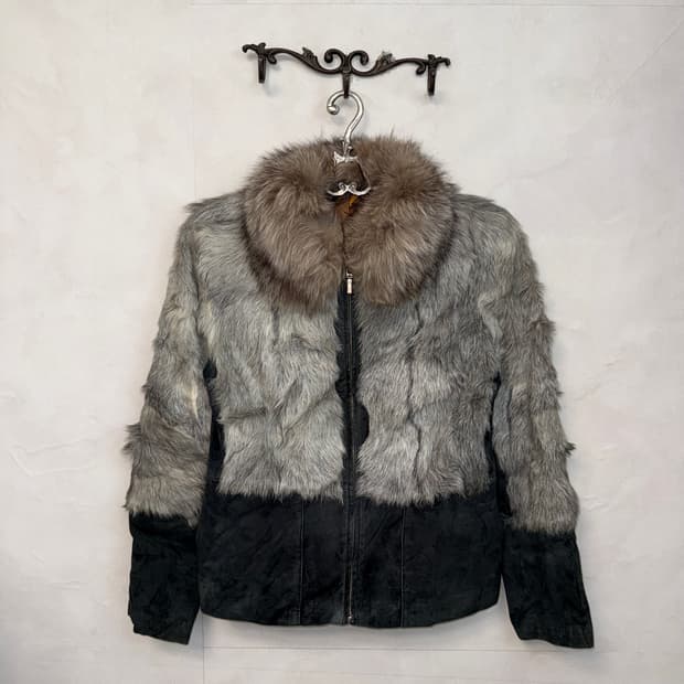 Gray black lamb skin suede fur jacket