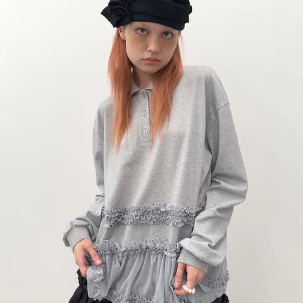 타입서비스 프릴 카라 그레이 티셔츠