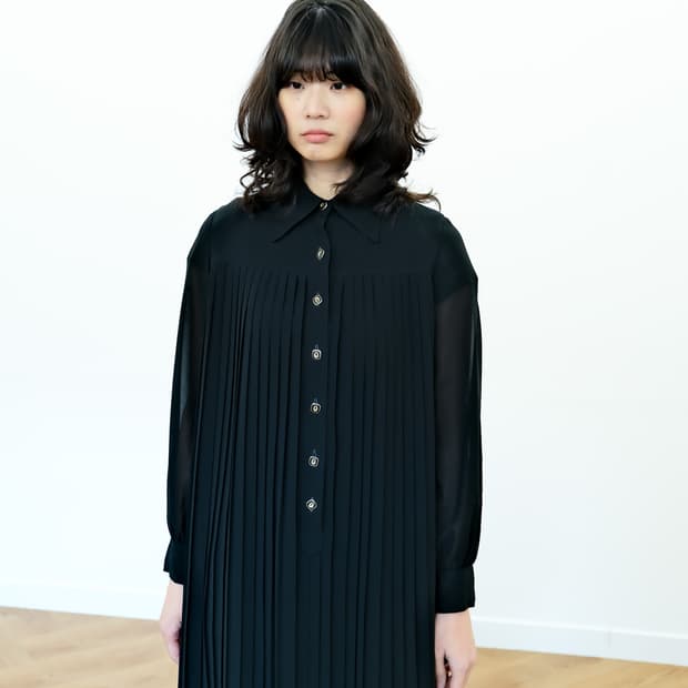 블랙 플리츠 미디 원피스 90 