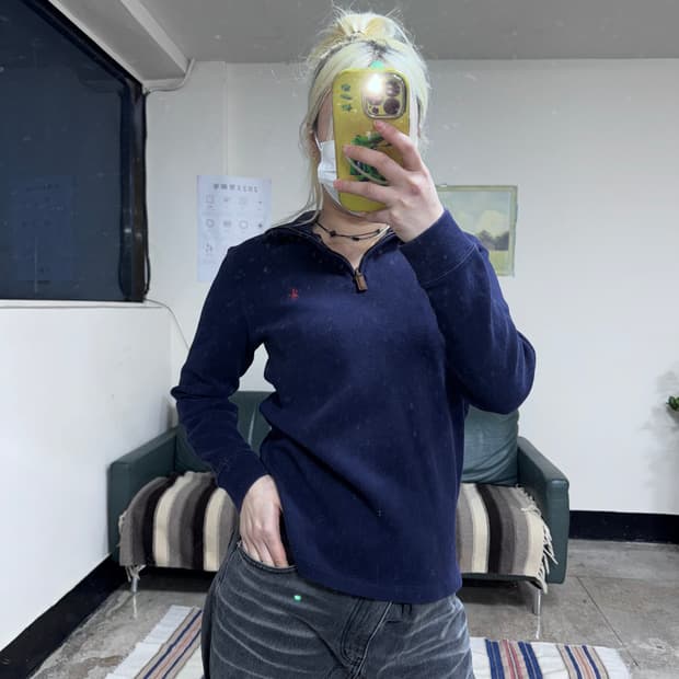 투티/0111 폴로 랄프로렌 네이비 하프 반집업 기모 플리스 니트