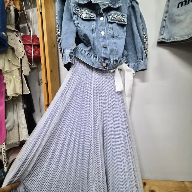 스톤비즈 벌룬 반팔 데님자켓.지고트 레이스 원피스