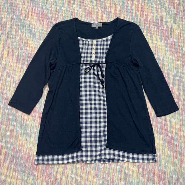 네이비 체크 레이어드 티셔츠