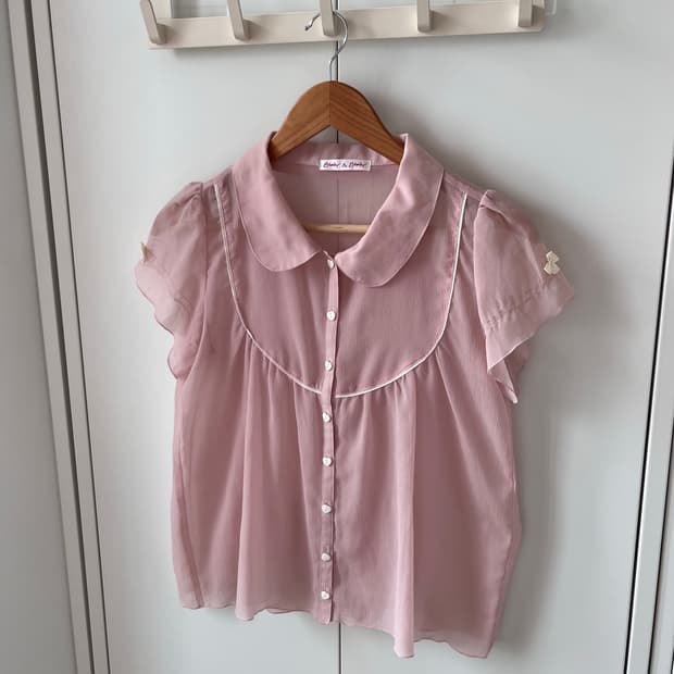 Vintage 하트 리본 연분홍 로걀 반팔 블라우스