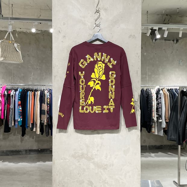 가니 2022 버건디 백 프린팅 레이어드 롱 슬리브