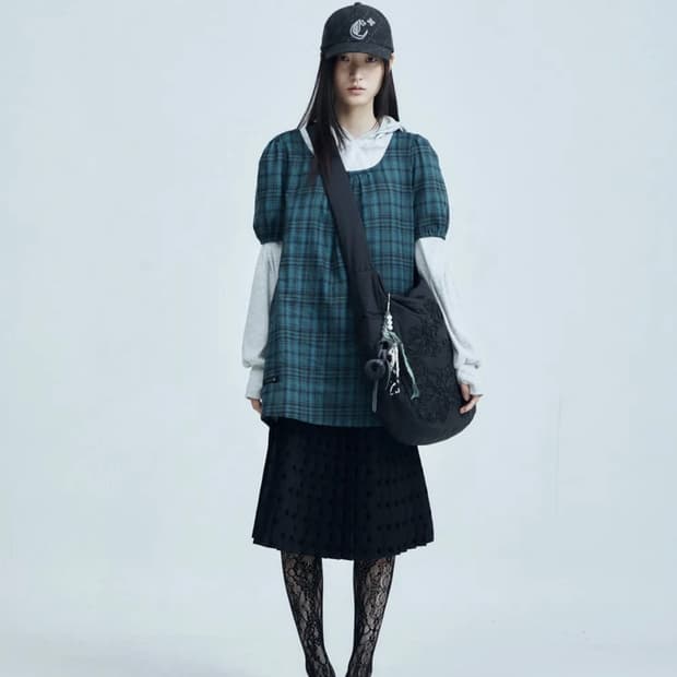 콜로신스 Black Tie Blouse Teal Check