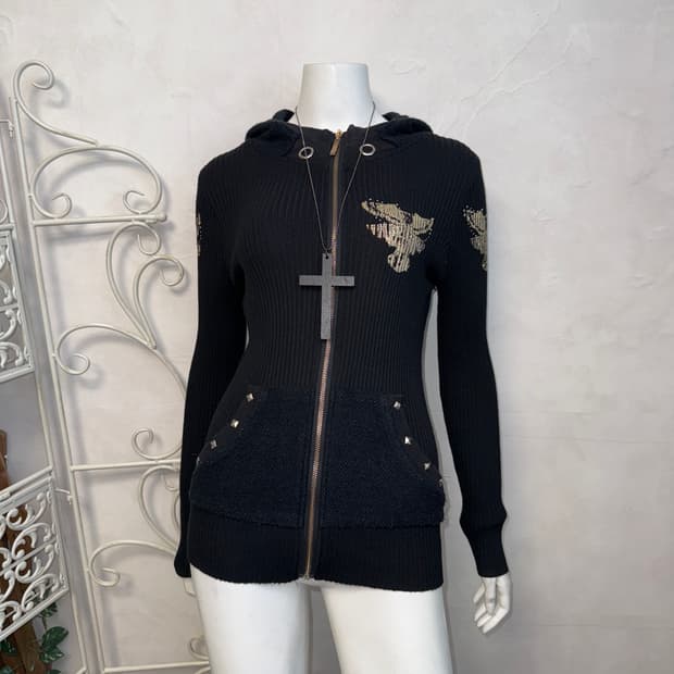 Black gold punk wings hood zipup