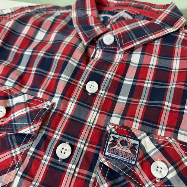 우먼L 슈퍼드라이 투포켓 써머코튼 체크 반팔셔츠