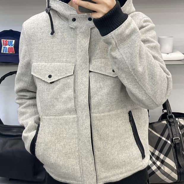 아르마니 익스체인지 투포켓 울 후드 자켓