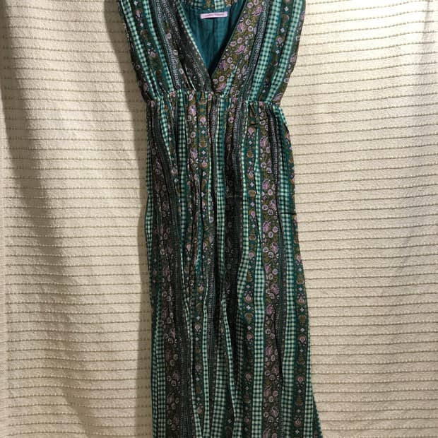 일본 빈티지 그린 플라워 패턴 플로럴 쉬폰 나시 모리걸 롱 원피스