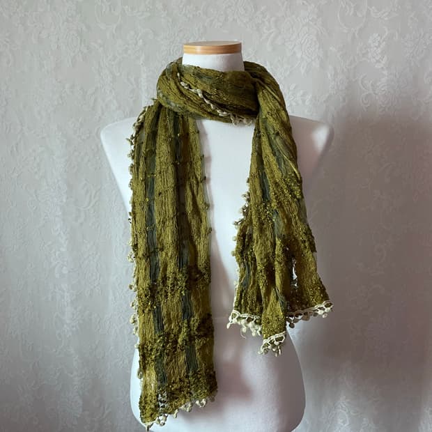 빈티지 시스루 스트라이프 니트 머플러 카키