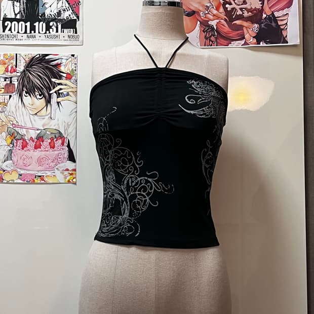 오리엔탈 프린팅 블랙 슬리브리스 나시탑