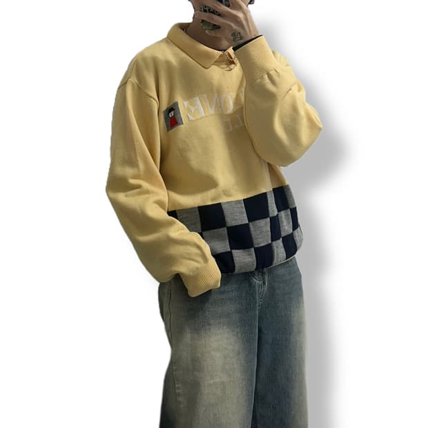 PICONE CLUB 체커보드 배색 니트 일본빈티지