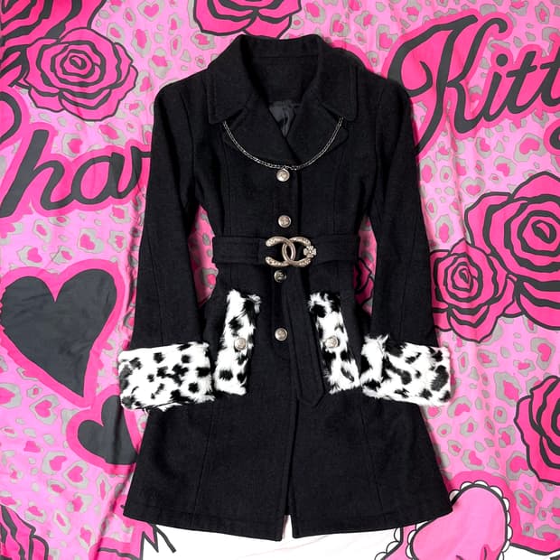 오네갸루 은장 레오파드 퍼 벨티드 코트 일본빈티지 y2k 핀터깔 90s