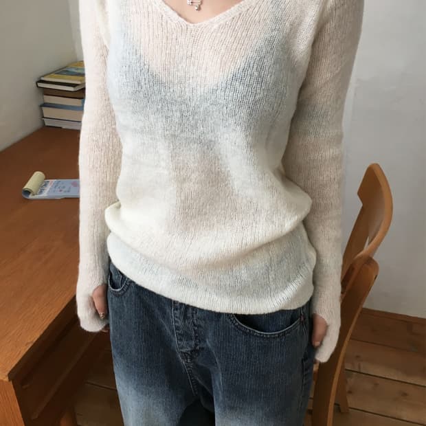아워캐비넷 mohair v neck knit grey