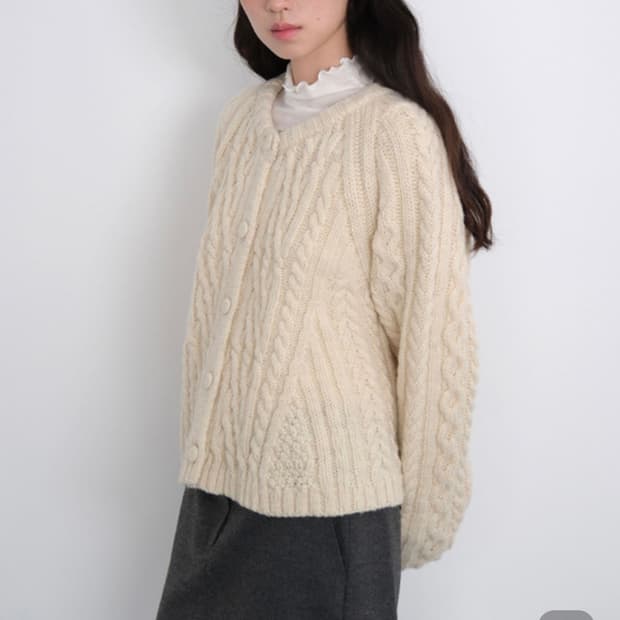 모의 케이블 니트 가디건 크림