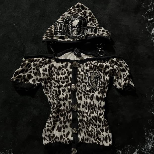 갸루 레오파드 체인후드 오프숄더