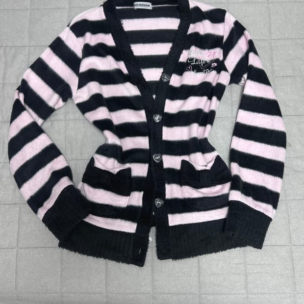 일본빈티지 핑크 블랙 스트라이프 앙고라 니트 가디건 히메갸루
