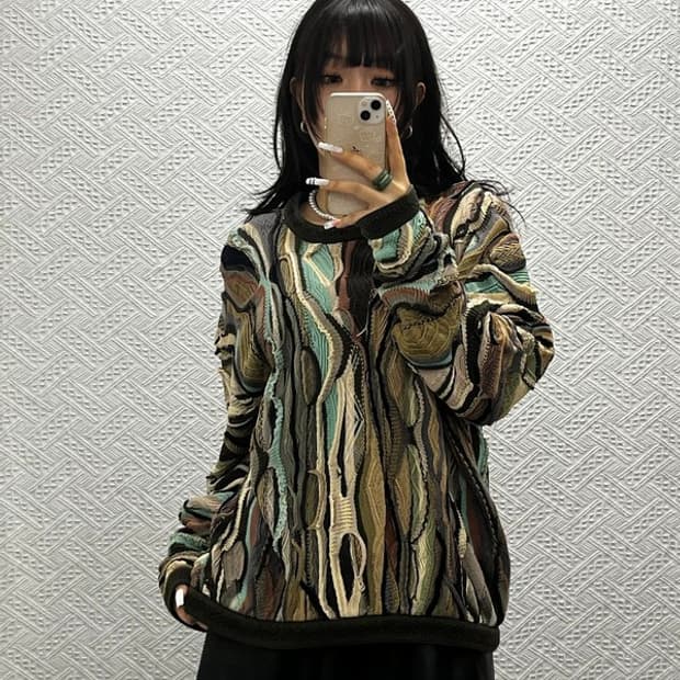 쿠지 보헤미안 에스닉 아메카지 데미지 뜨개 니트 M C10878