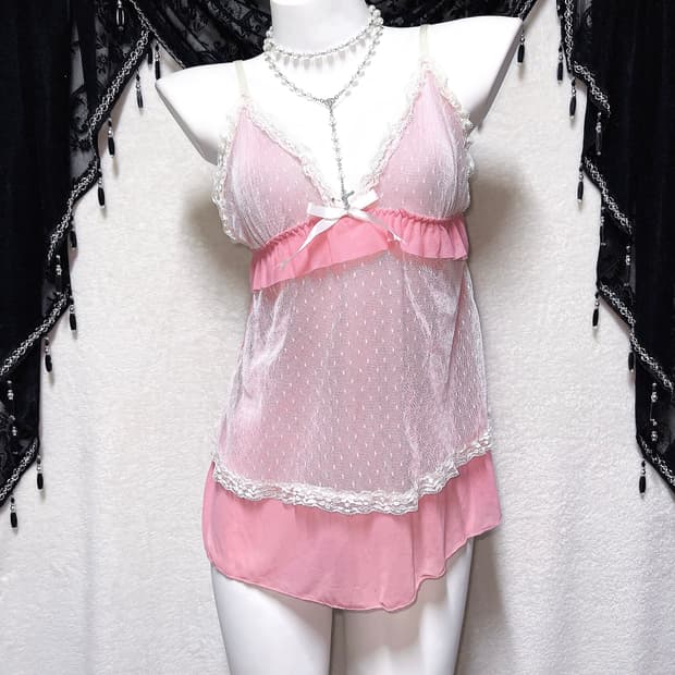 히메갸루 로맨틱 로걀 핑크 도트 레이스 프릴 슬리브리스 나시 슬립 핀터