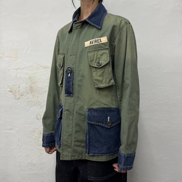 아비렉스 PX 카키컬러 데님 패치 워크 가공 워시드 코튼 헌팅 자켓