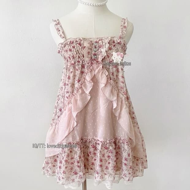 빈티지 히메갸루 엑시즈팜 핑크 플라워 도트 원피스