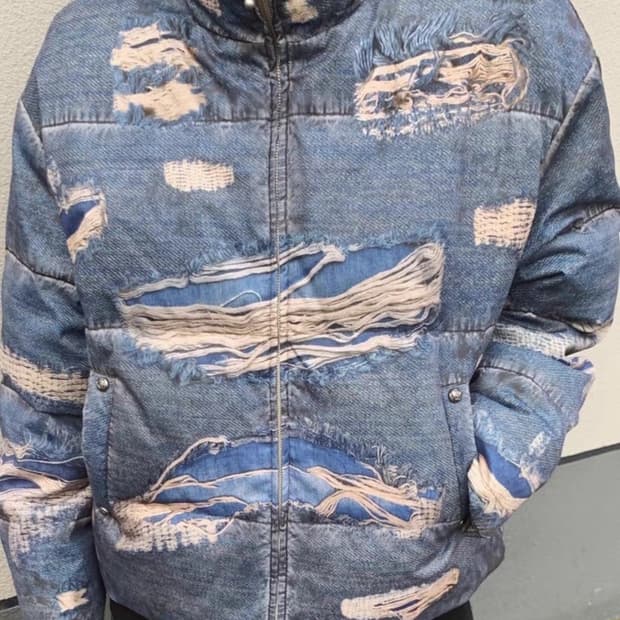 래깅 오일" 래깅 디지털프린트 하이넥 데님 덕 다운 재킷