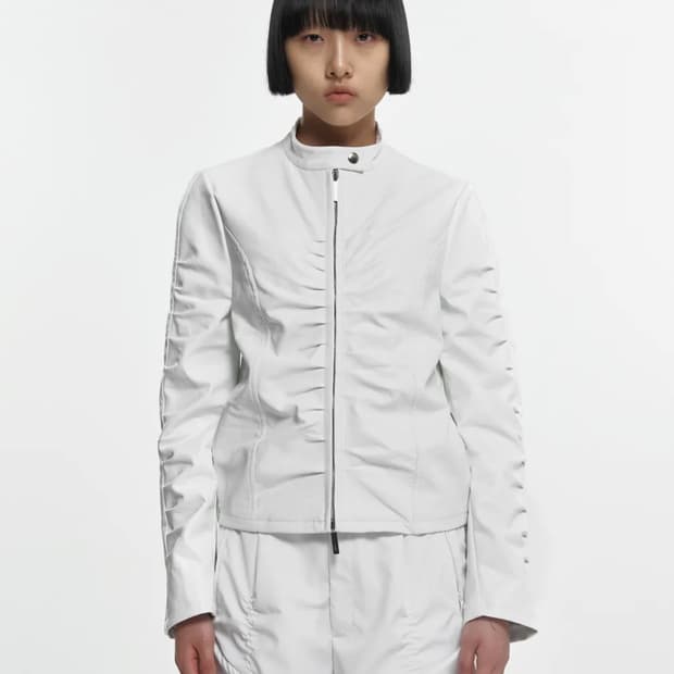 SHIRRING LEATHER JACKET (UNISEX) WHITE
